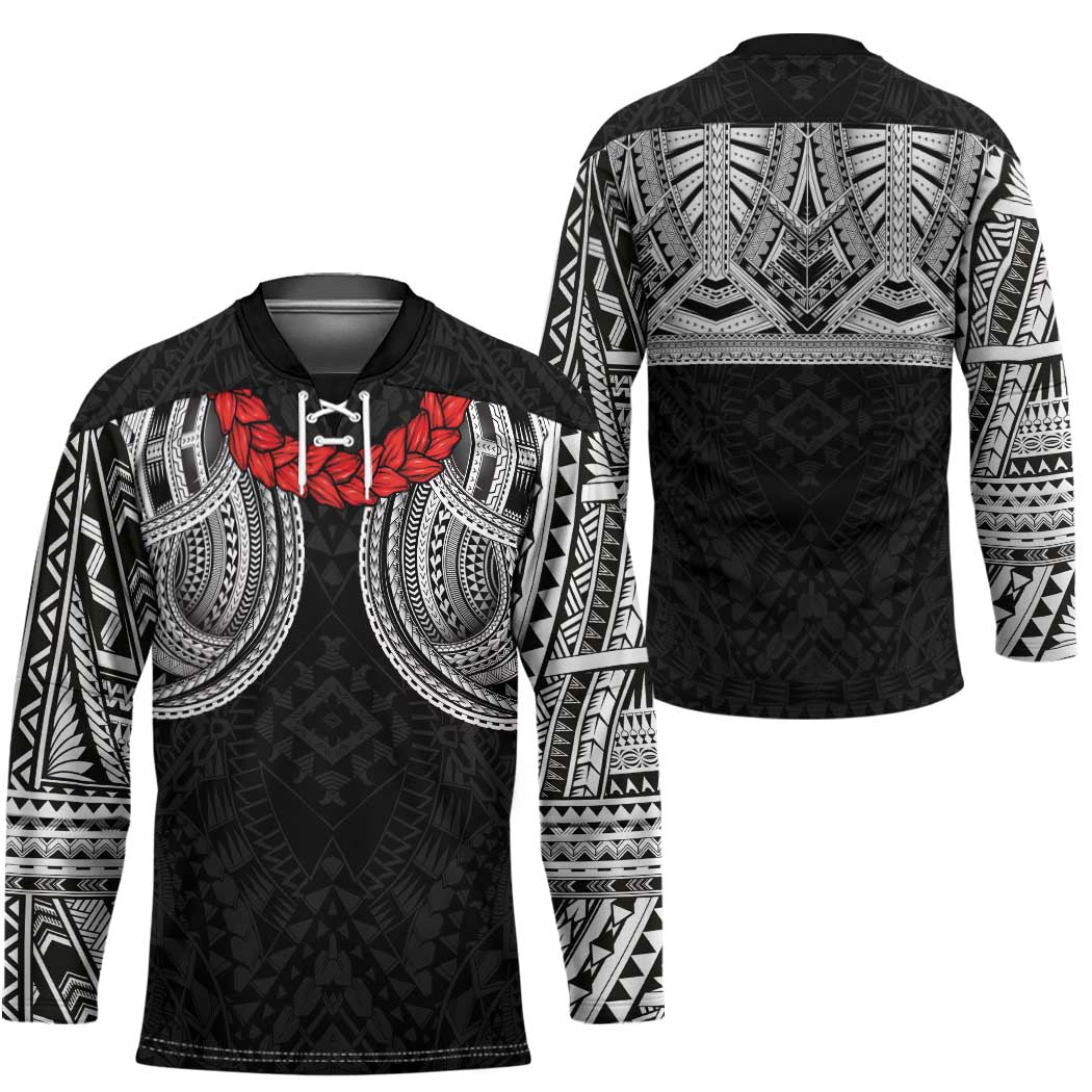 Samoan Traditional Art Tattoos Hockey Jersey Tatau Tribal Motifs with Ula Fala Black LT03 - Polynesian Pride