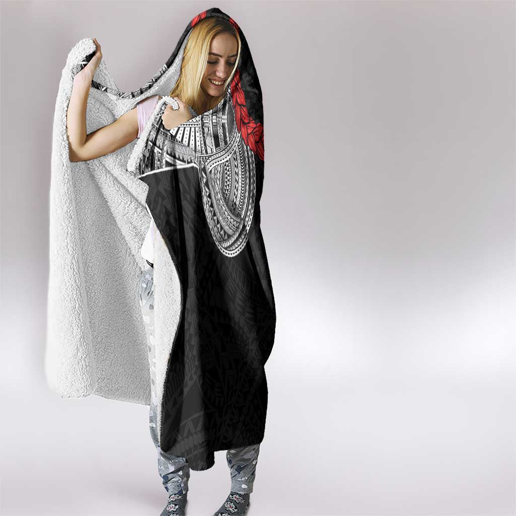 Samoan Traditional Art Tattoos Hooded Blanket Tatau Tribal Motifs with Ula Fala Black - Polynesian Pride