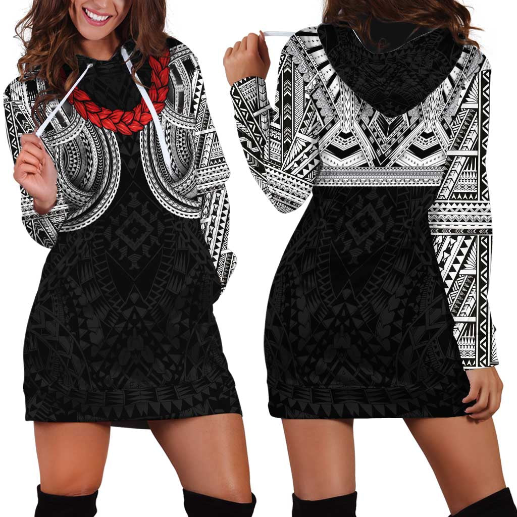 Samoan Traditional Art Tattoos Hoodie Dress Tatau Tribal Motifs with Ula Fala Black LT03 - Polynesian Pride