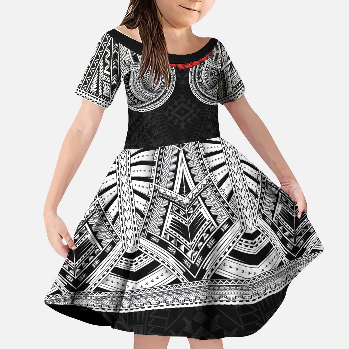 Samoan Traditional Art Tattoos Kid Short Sleeve Dress Tatau Tribal Motifs with Ula Fala Black - Polynesian Pride