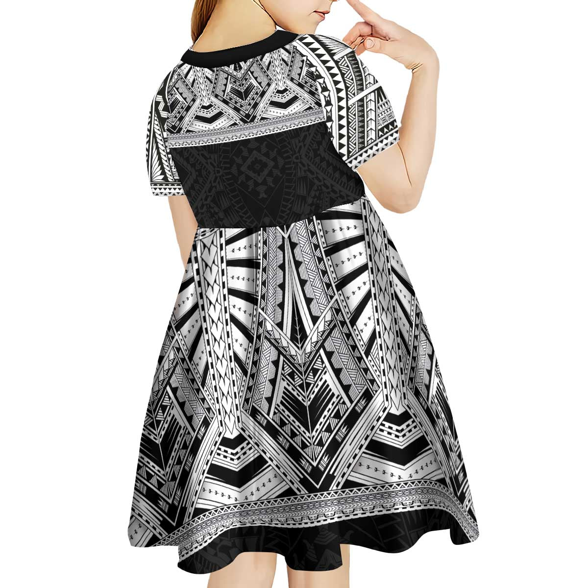 Samoan Traditional Art Tattoos Kid Short Sleeve Dress Tatau Tribal Motifs with Ula Fala Black LT03 - Polynesian Pride