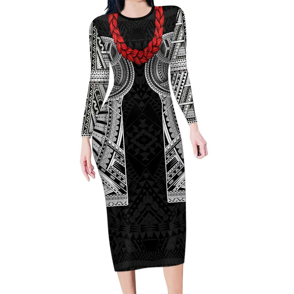 Samoan Traditional Art Tattoos Long Sleeve Bodycon Dress Tatau Tribal Motifs with Ula Fala Black LT03 Long Dress Black - Polynesian Pride