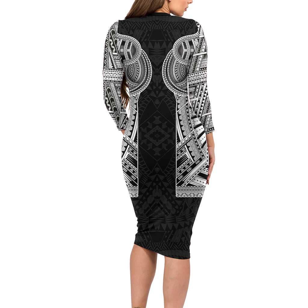 Samoan Traditional Art Tattoos Long Sleeve Bodycon Dress Tatau Tribal Motifs with Ula Fala Black LT03 - Polynesian Pride