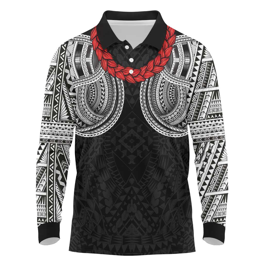 Samoan Traditional Art Tattoos Long Sleeve Polo Shirt Tatau Tribal Motifs with Ula Fala Black LT03 Black - Polynesian Pride