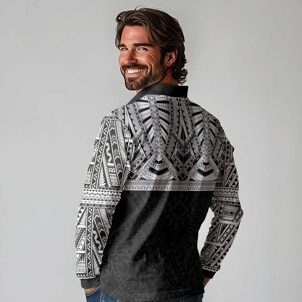 Samoan Traditional Art Tattoos Long Sleeve Polo Shirt Tatau Tribal Motifs with Ula Fala Black LT03 - Polynesian Pride