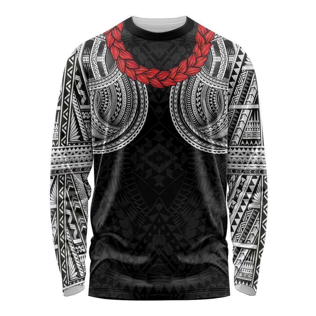 Samoan Traditional Art Tattoos Long Sleeve Shirt Tatau Tribal Motifs with Ula Fala Black LT03 Unisex Black - Polynesian Pride