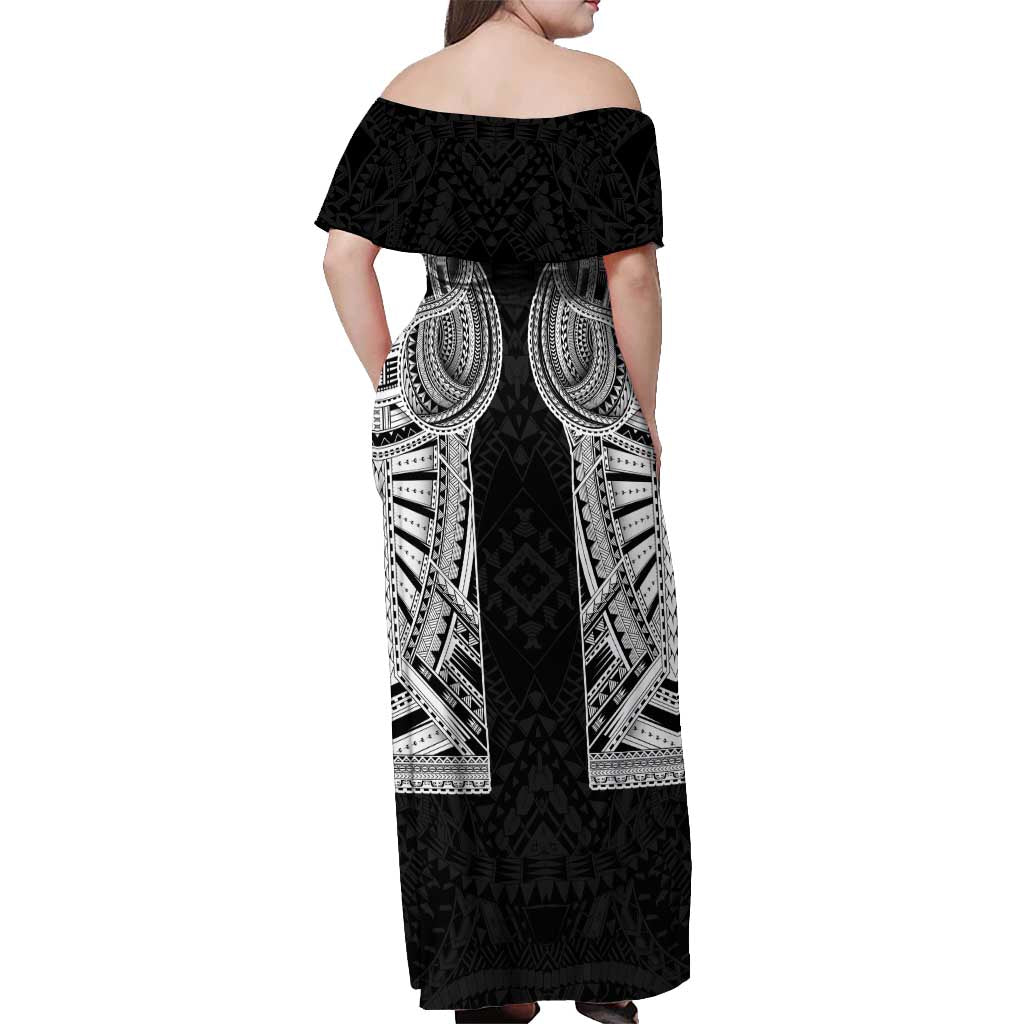 Samoan Traditional Art Tattoos Off Shoulder Maxi Dress Tatau Tribal Motifs with Ula Fala Black LT03 - Polynesian Pride