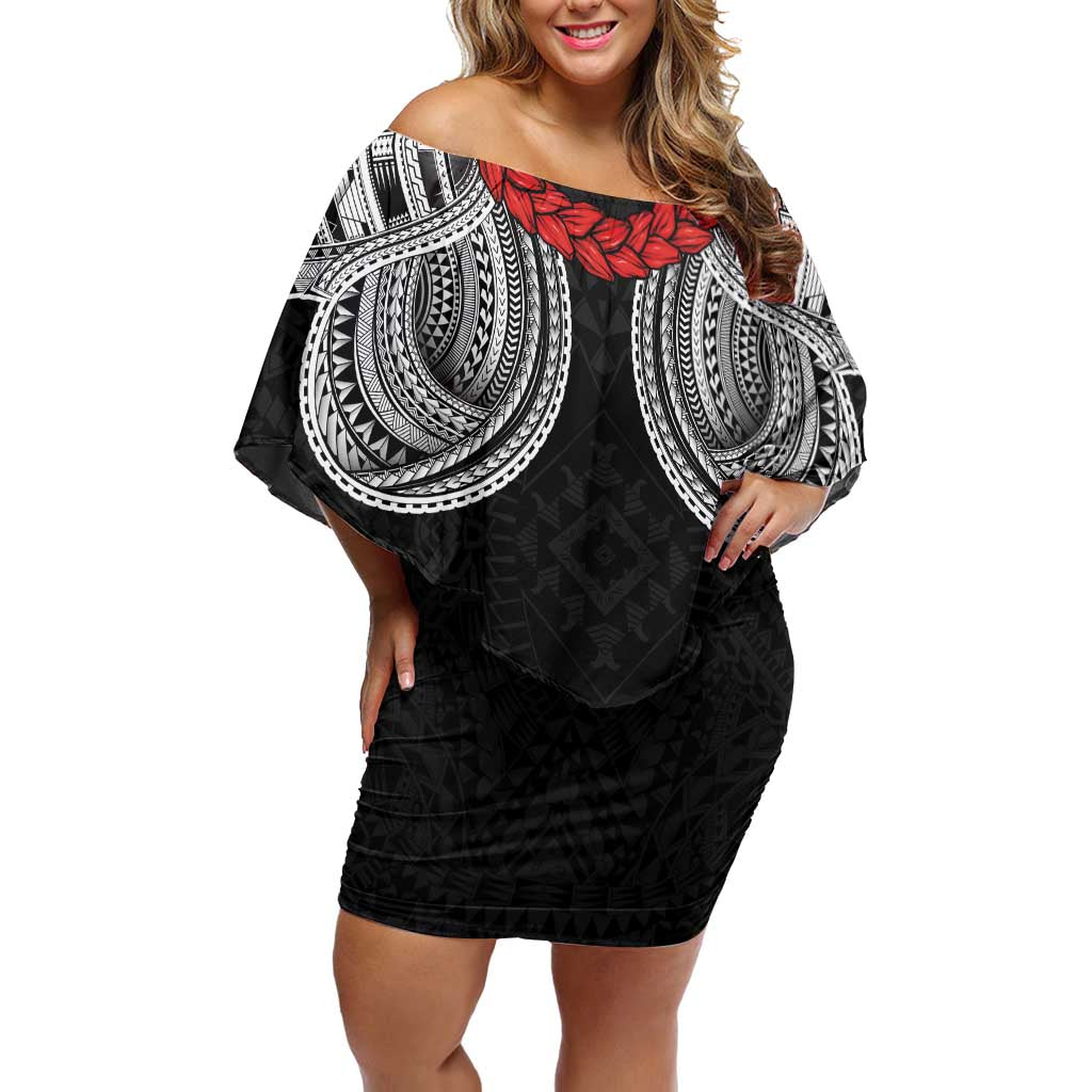 Samoan Traditional Art Tattoos Off Shoulder Short Dress Tatau Tribal Motifs with Ula Fala Black LT03 Women Black - Polynesian Pride