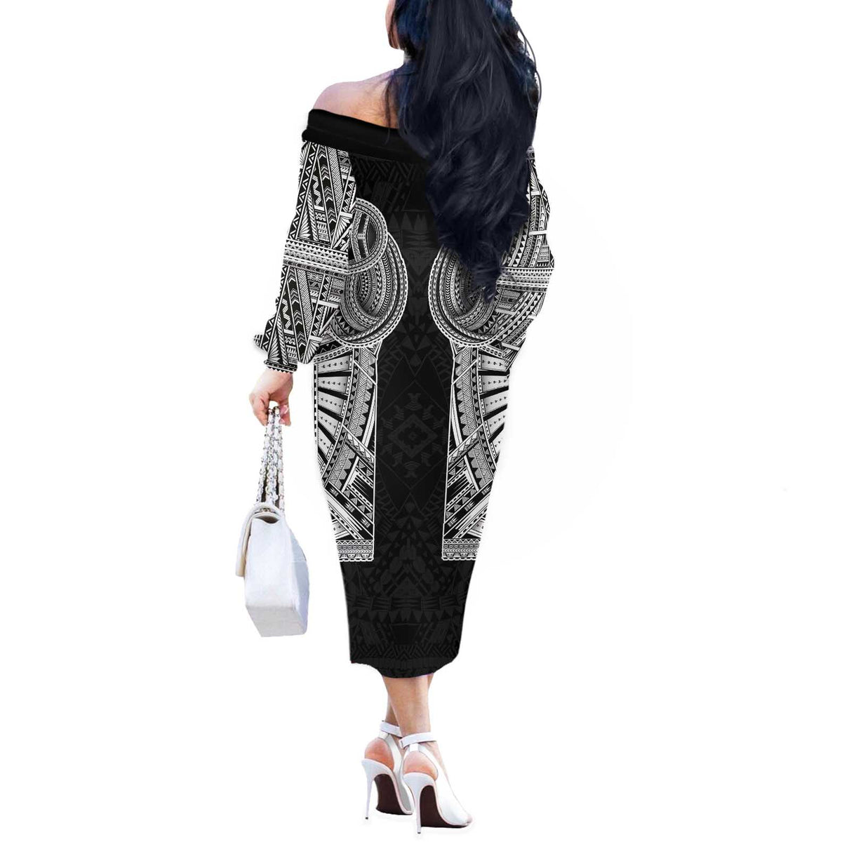 Samoan Traditional Art Tattoos Off The Shoulder Long Sleeve Dress Tatau Tribal Motifs with Ula Fala Black LT03 - Polynesian Pride
