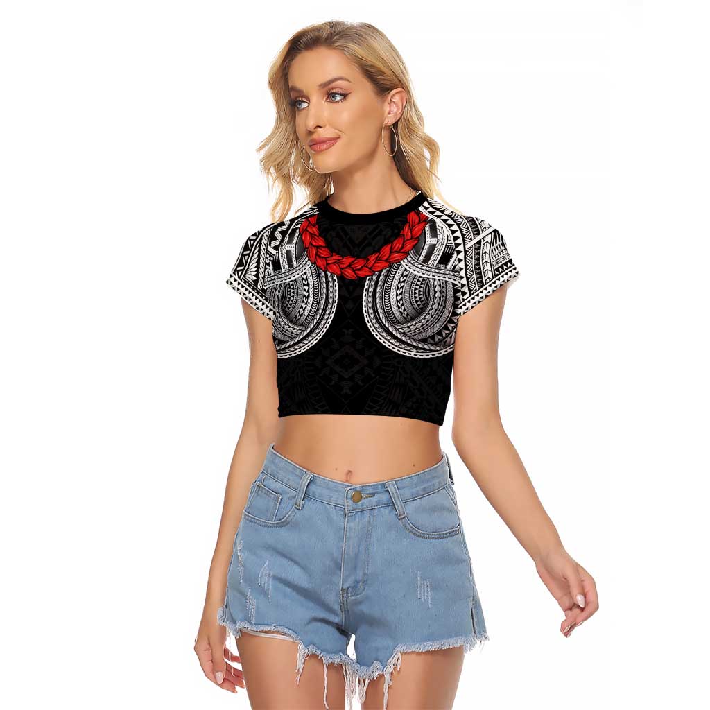 Samoan Traditional Art Tattoos Raglan Cropped T Shirt Tatau Tribal Motifs with Ula Fala Black LT03 Female Black - Polynesian Pride