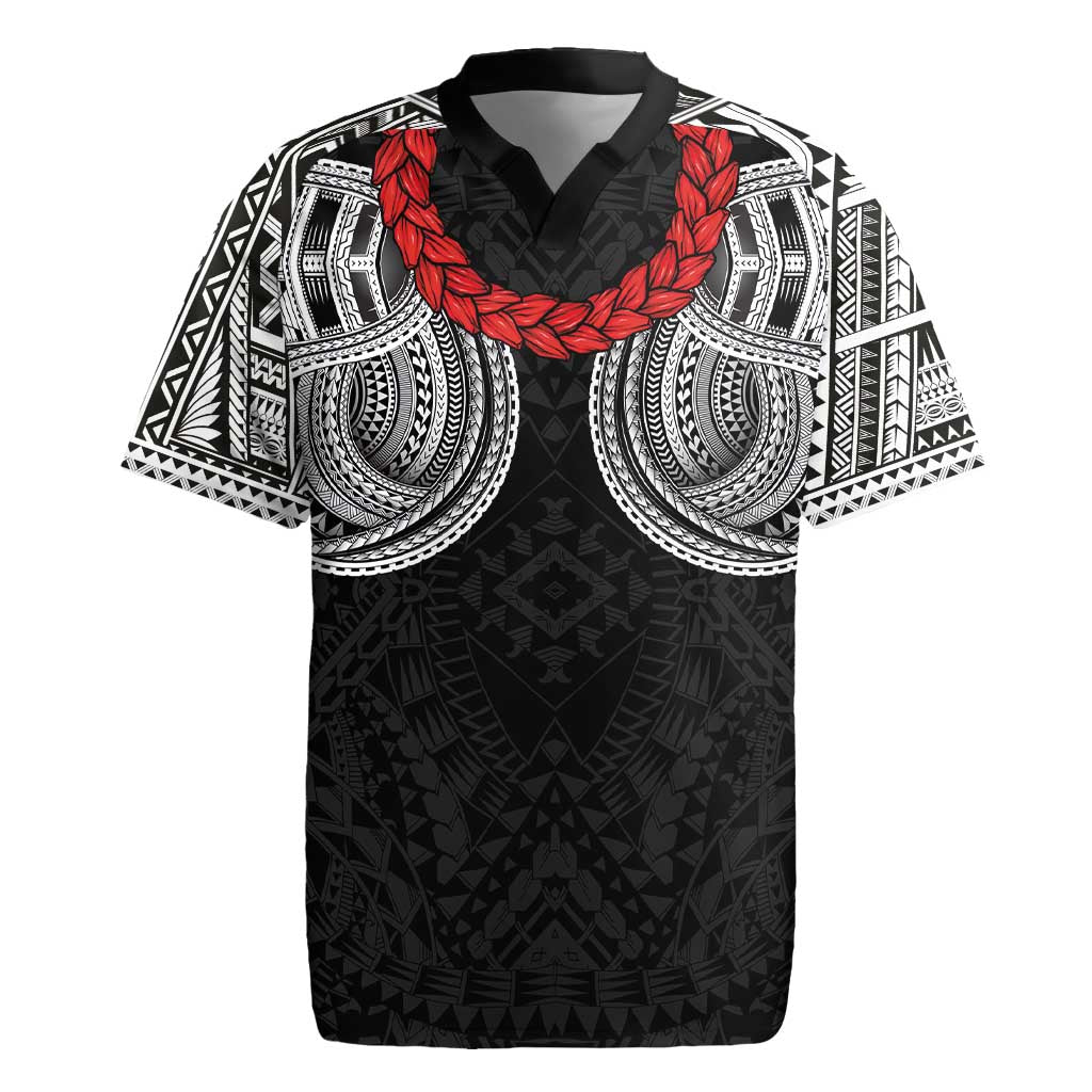 Samoan Traditional Art Tattoos Rugby Jersey Tatau Tribal Motifs with Ula Fala Black - Polynesian Pride