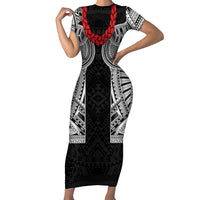 Samoan Traditional Art Tattoos Short Sleeve Bodycon Dress Tatau Tribal Motifs with Ula Fala Black LT03 Long Dress Black - Polynesian Pride