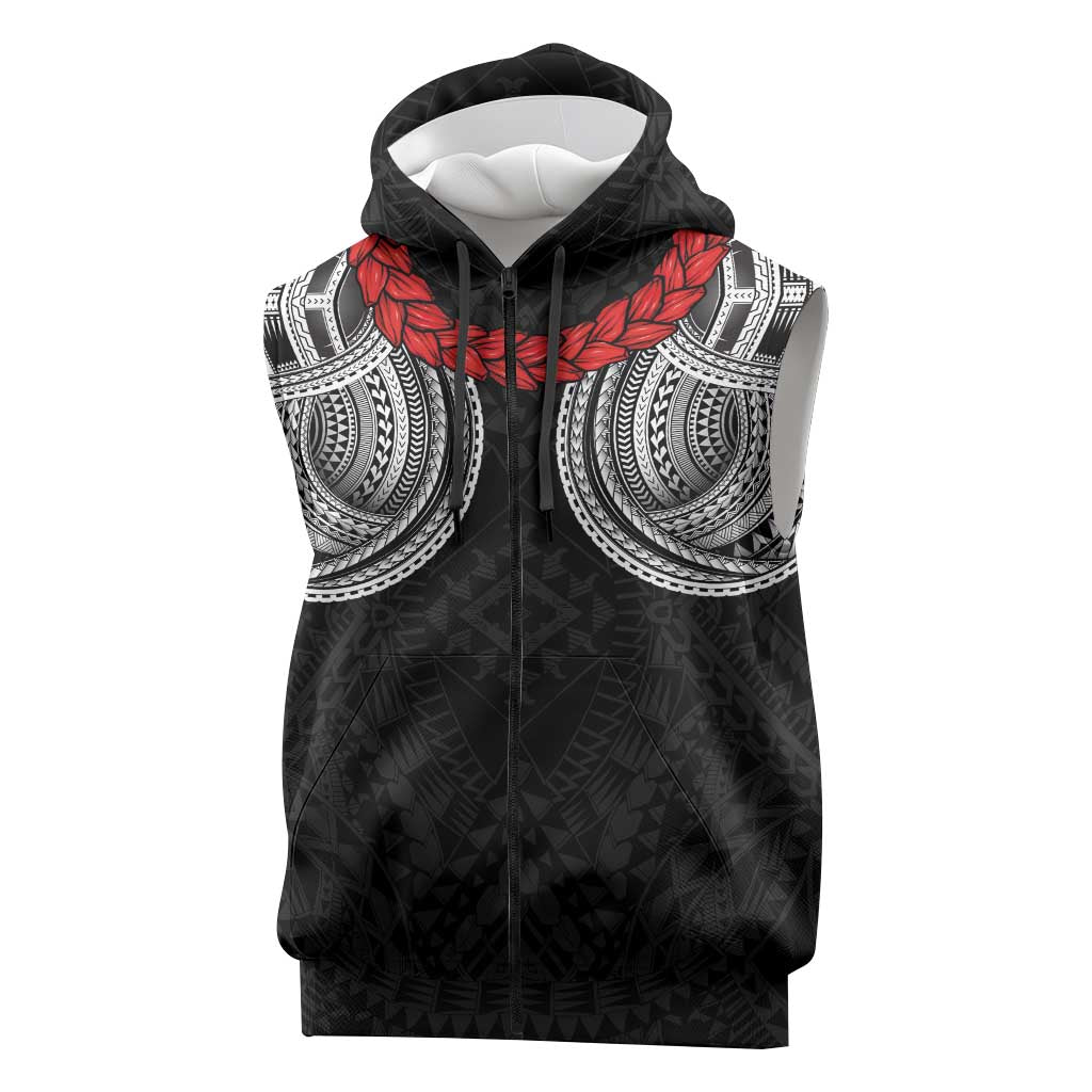 Samoan Traditional Art Tattoos Sleeveless Zip Hoodie Tatau Tribal Motifs with Ula Fala Black LT03 Black - Polynesian Pride