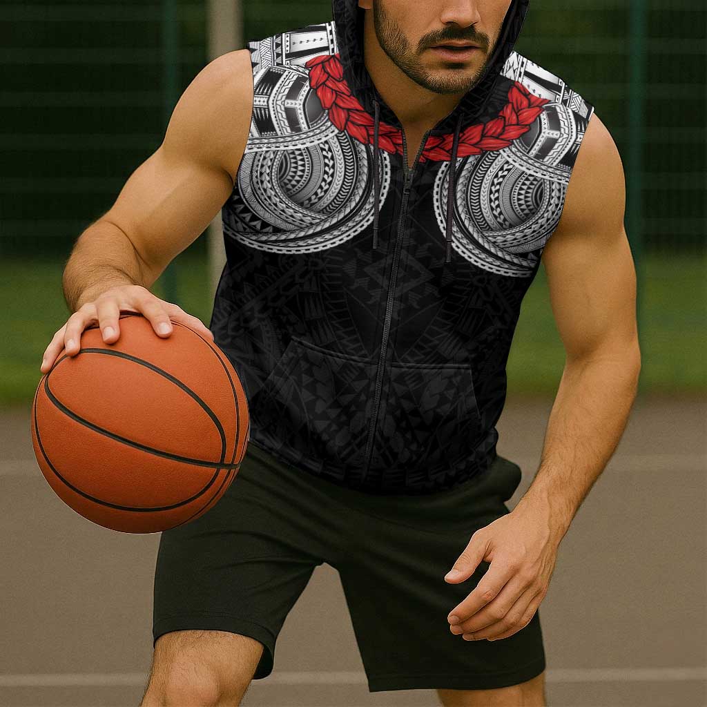 Samoan Traditional Art Tattoos Sleeveless Zip Hoodie Tatau Tribal Motifs with Ula Fala Black LT03 - Polynesian Pride
