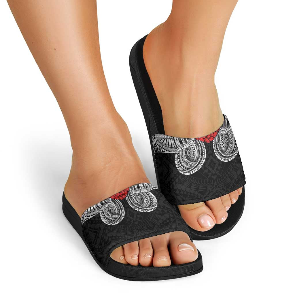 Samoan Traditional Art Tattoos Slide Sandals Tatau Tribal Motifs with Ula Fala Black - Polynesian Pride