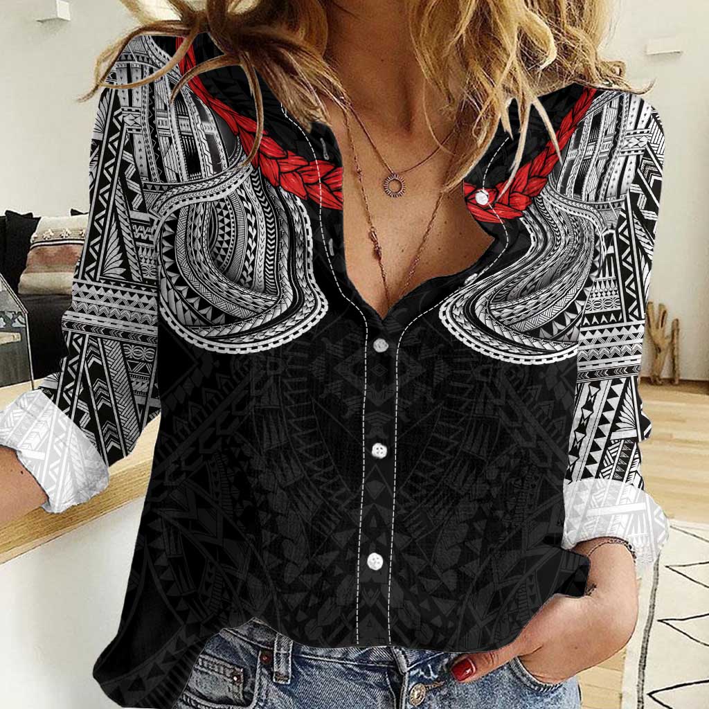 Samoan Traditional Art Tattoos Women Casual Shirt Tatau Tribal Motifs with Ula Fala Black LT03 Female Black - Polynesian Pride