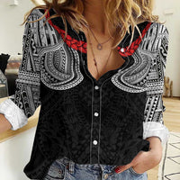 Samoan Traditional Art Tattoos Women Casual Shirt Tatau Tribal Motifs with Ula Fala Black LT03 Female Black - Polynesian Pride