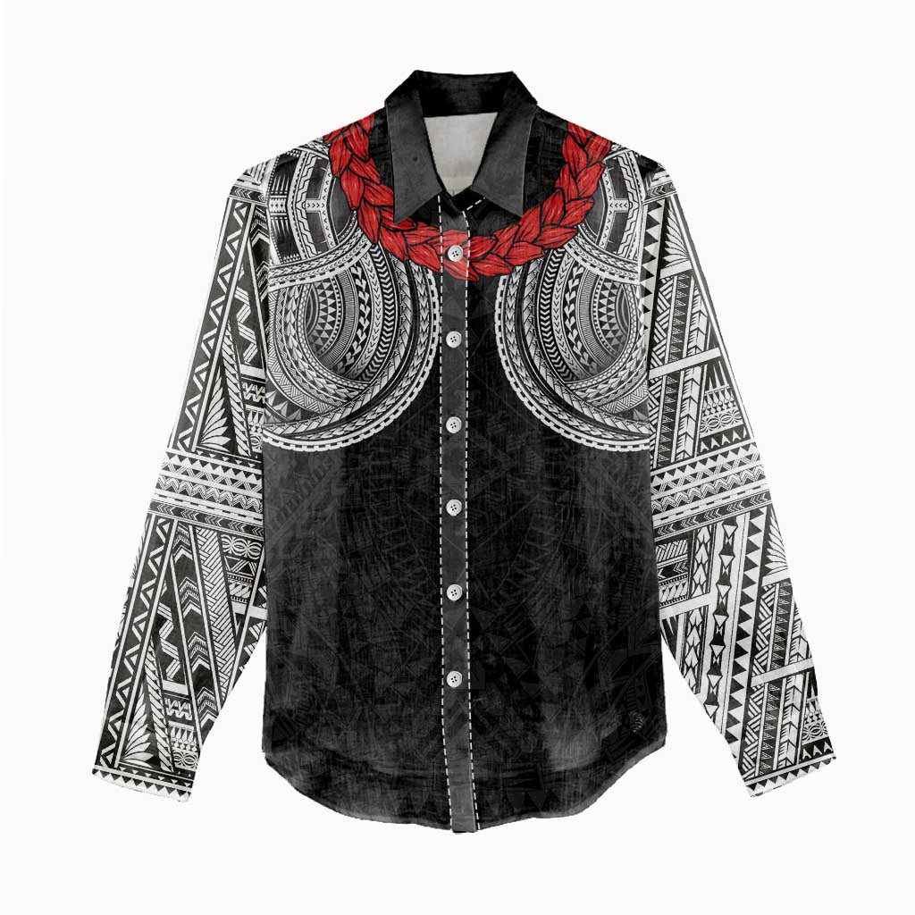 Samoan Traditional Art Tattoos Women Casual Shirt Tatau Tribal Motifs with Ula Fala Black LT03 - Polynesian Pride