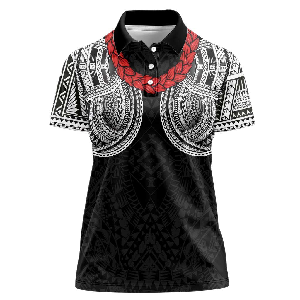 Samoan Traditional Art Tattoos Women Polo Shirt Tatau Tribal Motifs with Ula Fala Black - Polynesian Pride