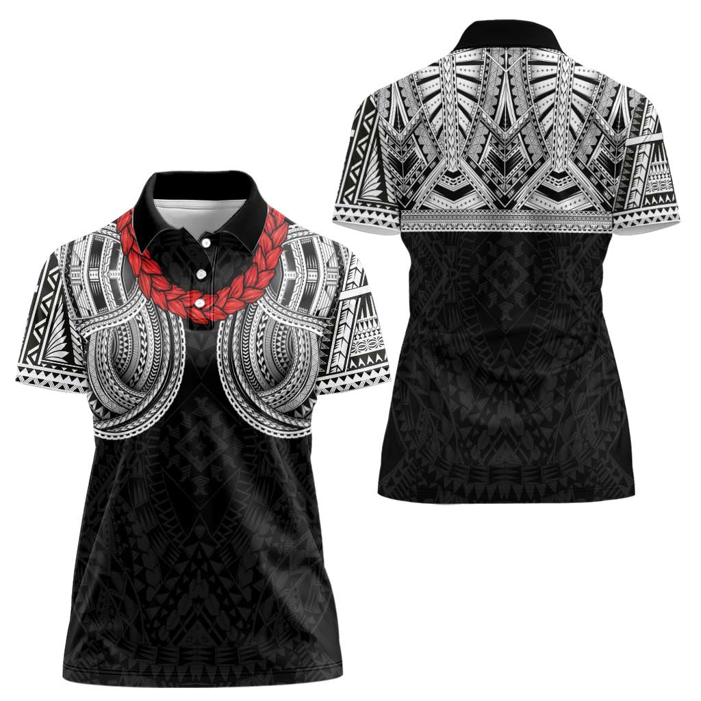 Samoan Traditional Art Tattoos Women Polo Shirt Tatau Tribal Motifs with Ula Fala Black LT03 - Polynesian Pride