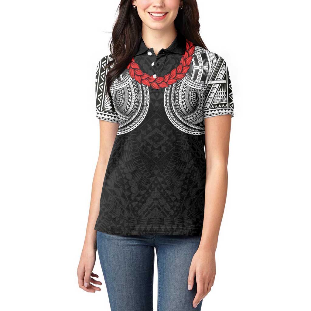 Samoan Traditional Art Tattoos Women Polo Shirt Tatau Tribal Motifs with Ula Fala Black LT03 - Polynesian Pride