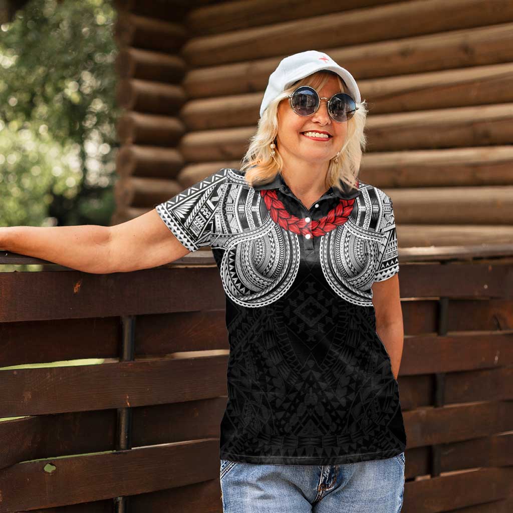 Samoan Traditional Art Tattoos Women Polo Shirt Tatau Tribal Motifs with Ula Fala Black LT03 - Polynesian Pride