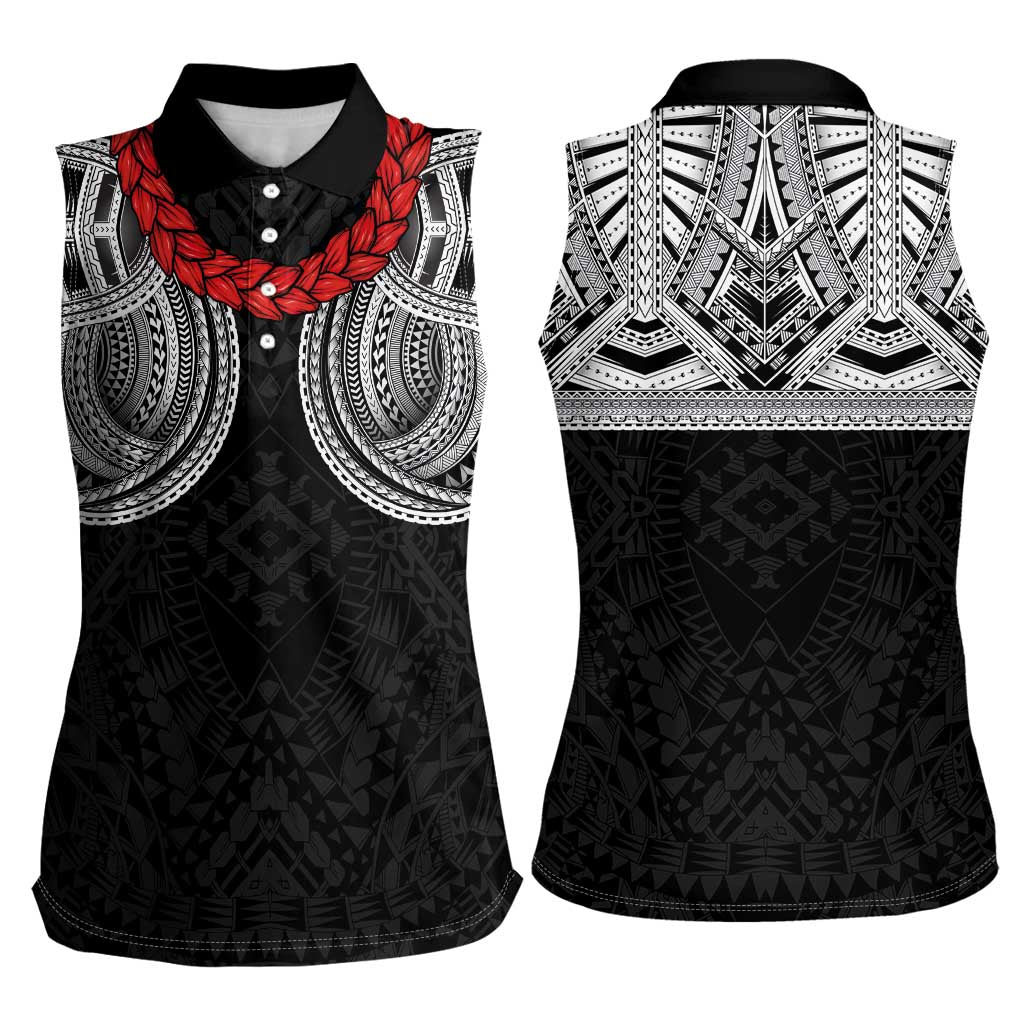 Samoan Traditional Art Tattoos Women Sleeveless Polo Shirt Tatau Tribal Motifs with Ula Fala Black LT03 - Polynesian Pride