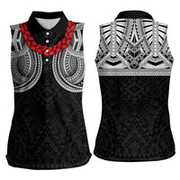 Samoan Traditional Art Tattoos Women Sleeveless Polo Shirt Tatau Tribal Motifs with Ula Fala Black LT03 - Polynesian Pride