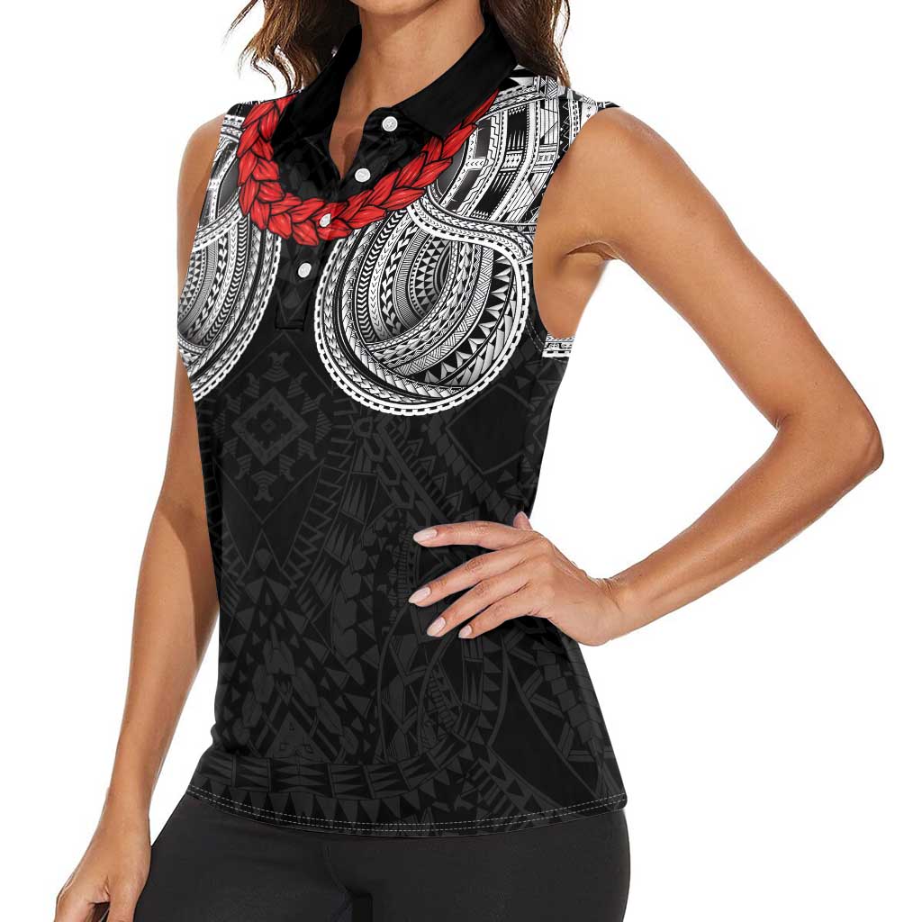 Samoan Traditional Art Tattoos Women Sleeveless Polo Shirt Tatau Tribal Motifs with Ula Fala Black LT03 - Polynesian Pride