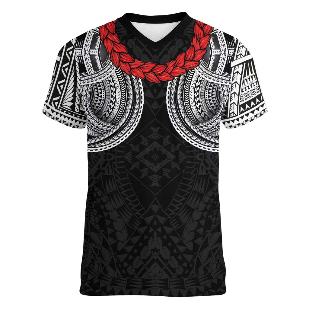 Samoan Traditional Art Tattoos Women V-Neck T-Shirt Tatau Tribal Motifs with Ula Fala Black - Polynesian Pride