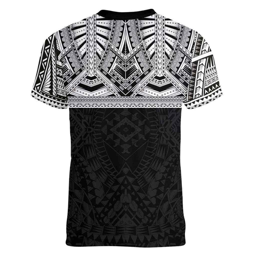 Samoan Traditional Art Tattoos Women V-Neck T-Shirt Tatau Tribal Motifs with Ula Fala Black LT03 - Polynesian Pride