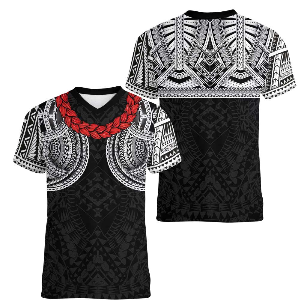 Samoan Traditional Art Tattoos Women V-Neck T-Shirt Tatau Tribal Motifs with Ula Fala Black LT03 - Polynesian Pride