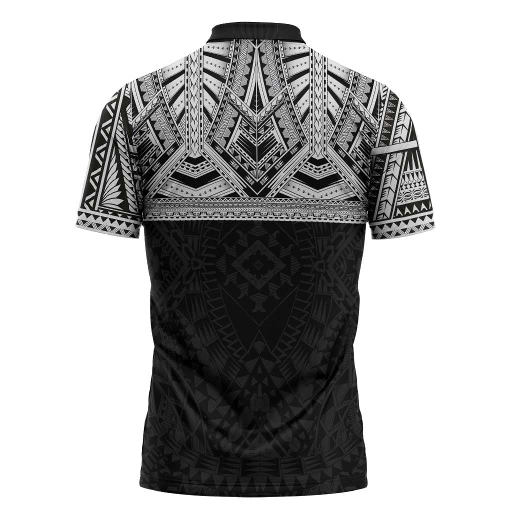 Samoan Traditional Art Tattoos Zipper Polo Shirt Tatau Tribal Motifs with Ula Fala Black LT03 - Polynesian Pride