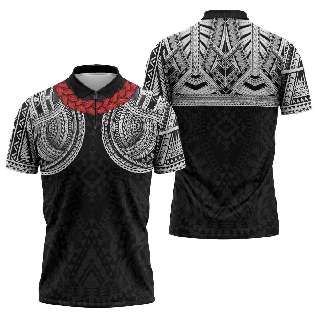 Samoan Traditional Art Tattoos Zipper Polo Shirt Tatau Tribal Motifs with Ula Fala Black LT03 - Polynesian Pride