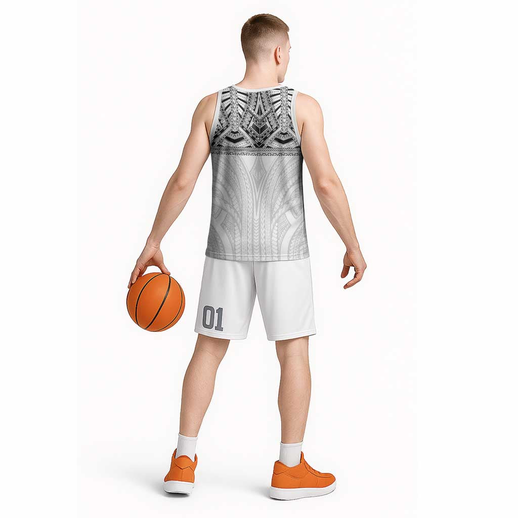 Samoan Traditional Art Tattoos Basketball Jersey Tatau Tribal Motifs with Ula Nifo White - Polynesian Pride