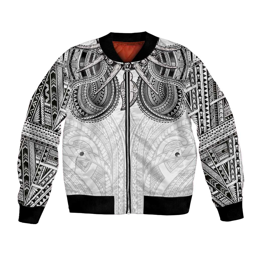 Samoan Traditional Art Tattoos Bomber Jacket Tatau Tribal Motifs with Ula Nifo White LT03 Unisex White - Polynesian Pride