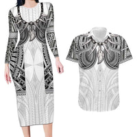 Samoan Traditional Art Tattoos Couples Matching Long Sleeve Bodycon Dress and Hawaiian Shirt Tatau Tribal Motifs with Ula Nifo White LT03 White - Polynesian Pride