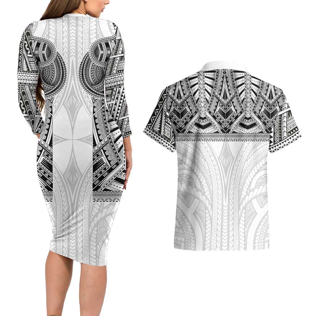 Samoan Traditional Art Tattoos Couples Matching Long Sleeve Bodycon Dress and Hawaiian Shirt Tatau Tribal Motifs with Ula Nifo White LT03 - Polynesian Pride