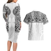 Samoan Traditional Art Tattoos Couples Matching Long Sleeve Bodycon Dress and Hawaiian Shirt Tatau Tribal Motifs with Ula Nifo White LT03 - Polynesian Pride