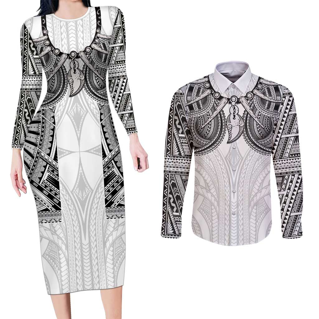 Samoan Traditional Art Tattoos Couples Matching Long Sleeve Bodycon Dress and Long Sleeve Button Shirt Tatau Tribal Motifs with Ula Nifo White LT03 White - Polynesian Pride