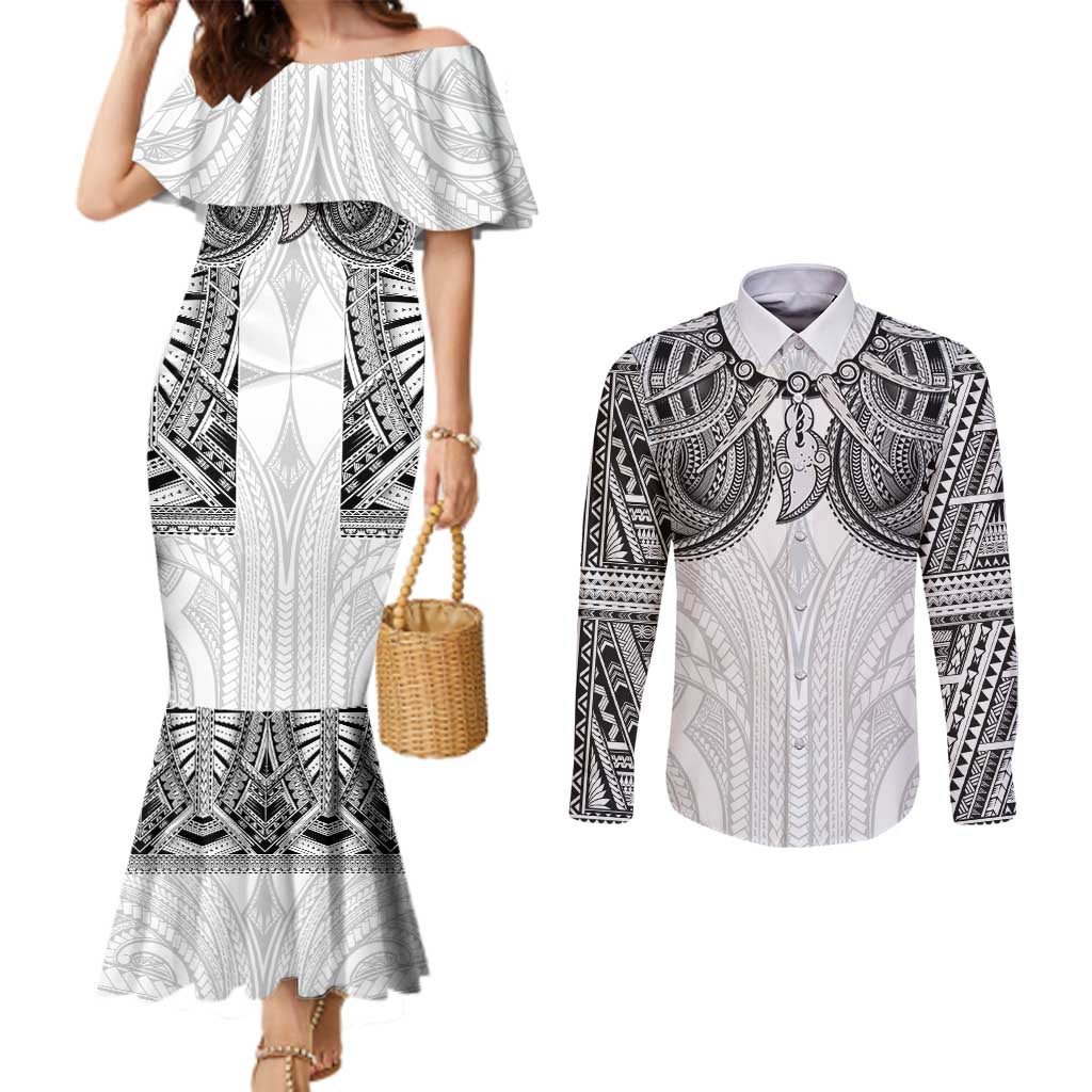 Samoan Traditional Art Tattoos Couples Matching Mermaid Dress and Long Sleeve Button Shirt Tatau Tribal Motifs with Ula Nifo White LT03 White - Polynesian Pride