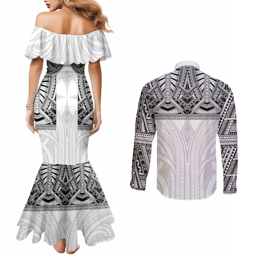 Samoan Traditional Art Tattoos Couples Matching Mermaid Dress and Long Sleeve Button Shirt Tatau Tribal Motifs with Ula Nifo White LT03 - Polynesian Pride