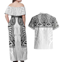 Samoan Traditional Art Tattoos Couples Matching Off Shoulder Maxi Dress and Hawaiian Shirt Tatau Tribal Motifs with Ula Nifo White LT03 - Polynesian Pride