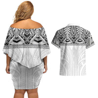 Samoan Traditional Art Tattoos Couples Matching Off Shoulder Short Dress and Hawaiian Shirt Tatau Tribal Motifs with Ula Nifo White LT03 - Polynesian Pride