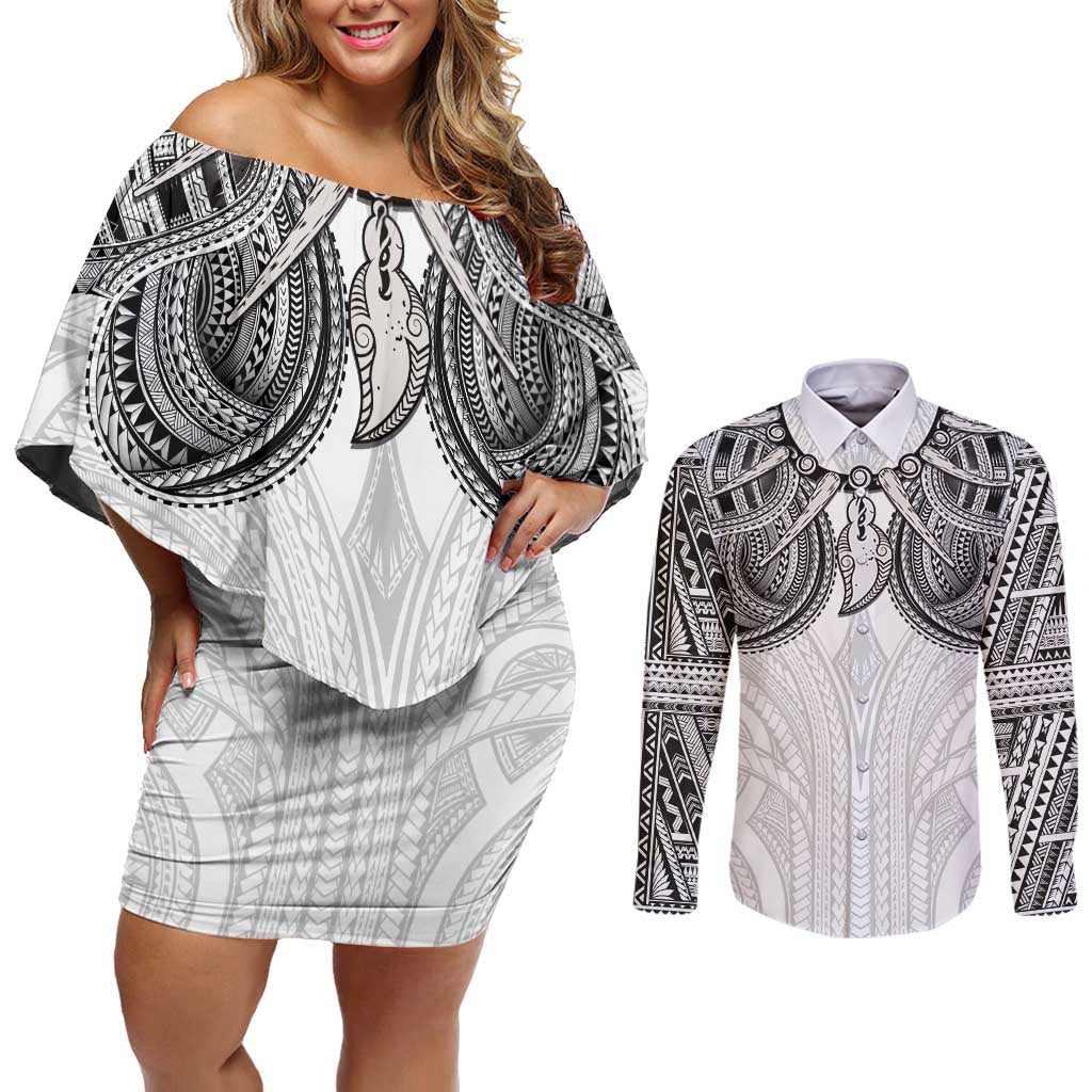 Samoan Traditional Art Tattoos Couples Matching Off Shoulder Short Dress and Long Sleeve Button Shirt Tatau Tribal Motifs with Ula Nifo White LT03 White - Polynesian Pride
