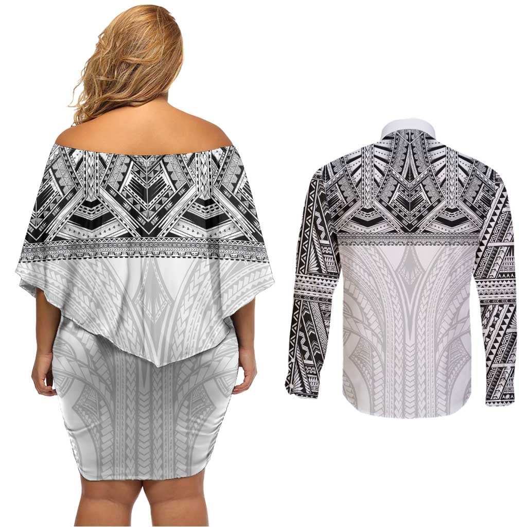 Samoan Traditional Art Tattoos Couples Matching Off Shoulder Short Dress and Long Sleeve Button Shirt Tatau Tribal Motifs with Ula Nifo White LT03 - Polynesian Pride