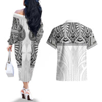 Samoan Traditional Art Tattoos Couples Matching Off The Shoulder Long Sleeve Dress and Hawaiian Shirt Tatau Tribal Motifs with Ula Nifo White LT03 - Polynesian Pride