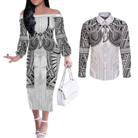 Samoan Traditional Art Tattoos Couples Matching Off The Shoulder Long Sleeve Dress and Long Sleeve Button Shirt Tatau Tribal Motifs with Ula Nifo White LT03 White - Polynesian Pride