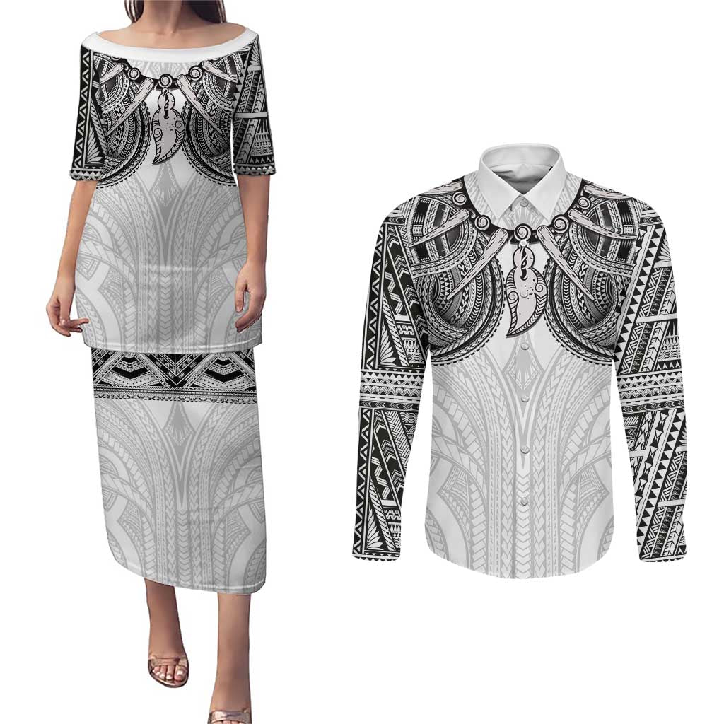 Samoan Traditional Art Tattoos Couples Matching Puletasi and Long Sleeve Button Shirt Tatau Tribal Motifs with Ula Nifo White LT03 White - Polynesian Pride