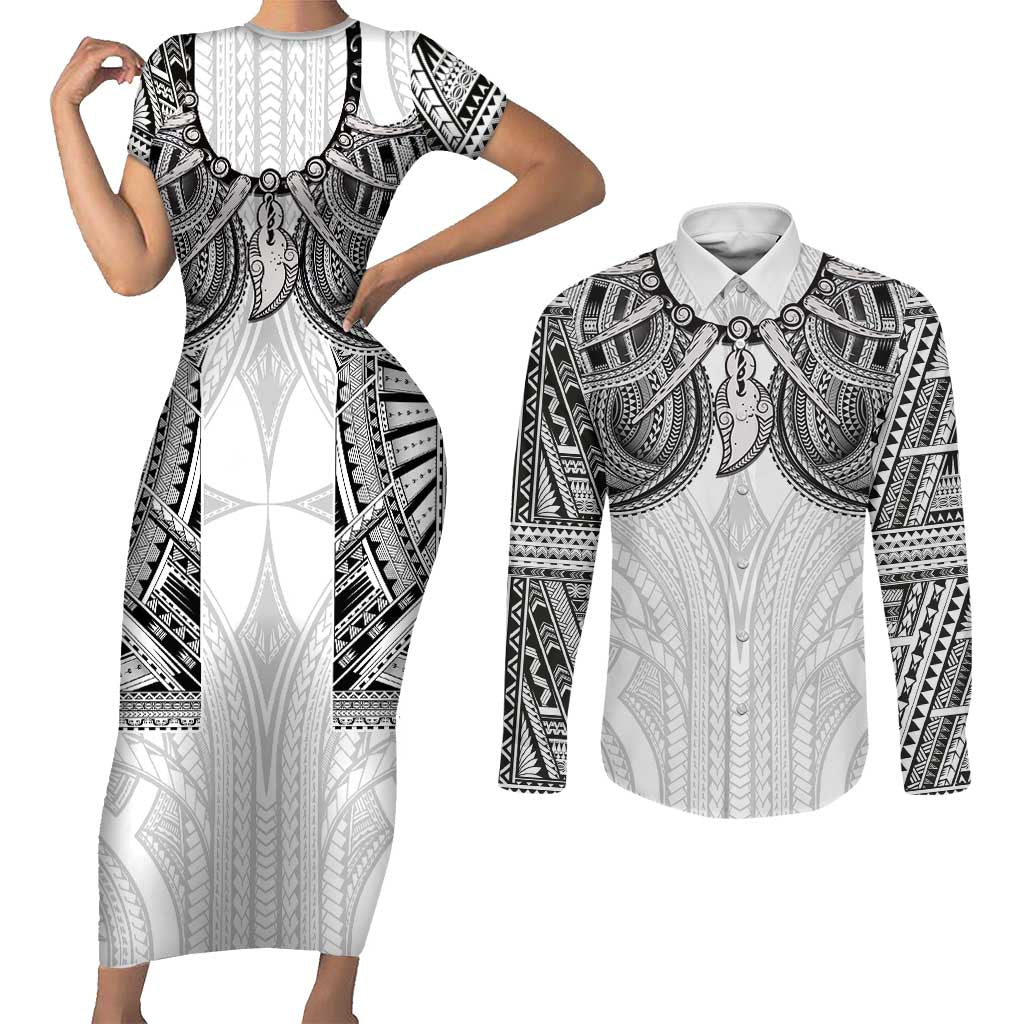 Samoan Traditional Art Tattoos Couples Matching Short Sleeve Bodycon Dress and Long Sleeve Button Shirt Tatau Tribal Motifs with Ula Nifo White LT03 White - Polynesian Pride
